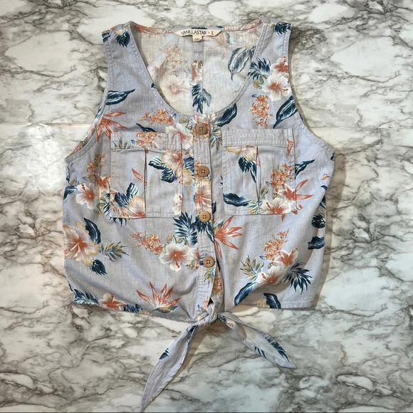 Vanilla Star Grey Tropical Print Button Down Tie Front Sleeveless top, Large - Picture 9 of 12